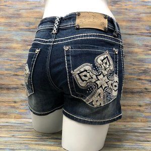 Rose Royce Womens Jean Shorts Low Rise Rhinestone Embellished White Stitching